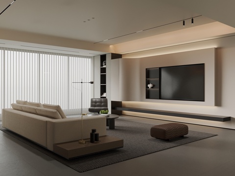  现代客厅 沙发茶几组合 电视背景墙3d模型 