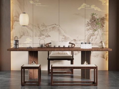 新中式茶桌椅su模型