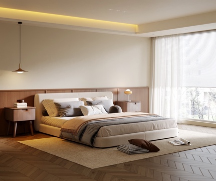 现代中古风卧室 双人床su模型