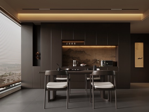  新中式餐厅 餐桌椅 餐边柜3d模型 