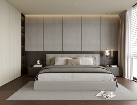 现代卧室 双人床su模型