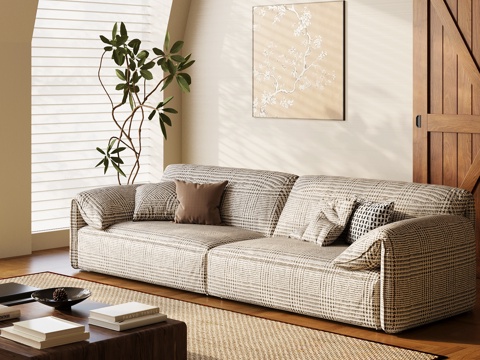 现代中古风多人沙发 休闲布艺沙发su模型