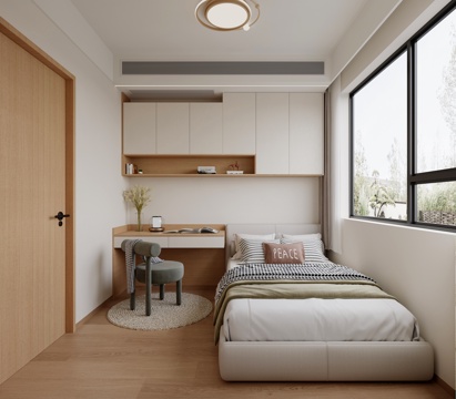  奶油原木风卧室儿童房3d模型 