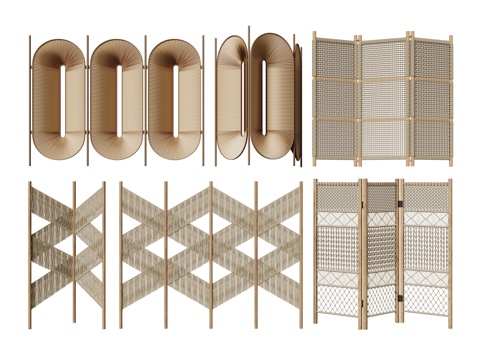  侘寂屏风隔断 藤编屏风 木制屏风 移动屏风 折叠屏风3d模型 