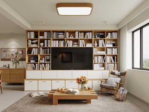 现代原木风客厅 原木电视柜 满墙书柜 实木茶几 成品边柜su模型