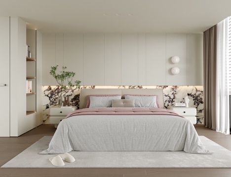 现代卧室 双人床 床头柜su模型