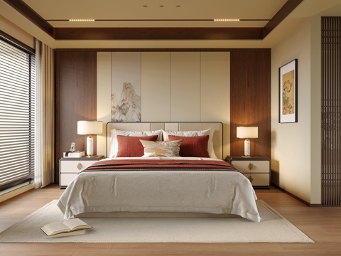  新中式卧室 双人床 床头柜3d模型 