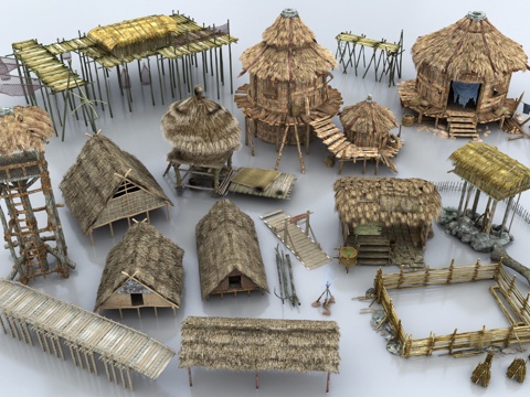 原始部落组合 茅草亭 古典古建筑 部落亭子 茅草屋 围栏su模型