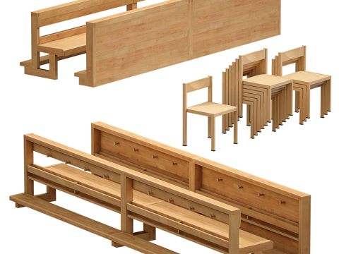  长椅 长凳 木椅 教堂椅 公共椅3d模型 