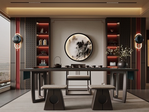 新中式茶室 茶桌椅 背景墙.su模型