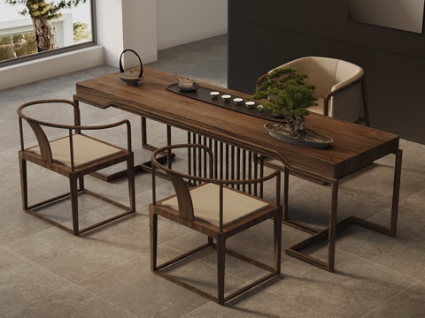 新中式茶桌椅su模型