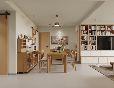 现代原木风餐厅 实木餐桌椅 四人餐桌椅 成品边柜 满墙书柜su模型