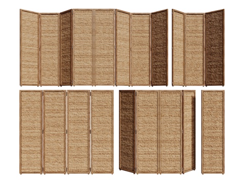 侘寂屏风隔断 藤编屏风 木制屏风 移动屏风 折叠屏风su模型