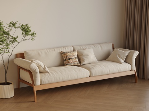 现代多人沙发 侘寂中古沙发su模型su模型