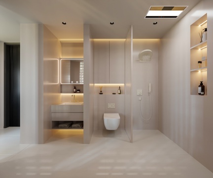  奶油风卫生间 现代卫生间 挂壁马桶 极简卫生间 卫生间3d模型 