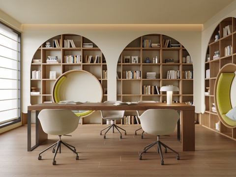 现代阅览室 书房 书柜su模型