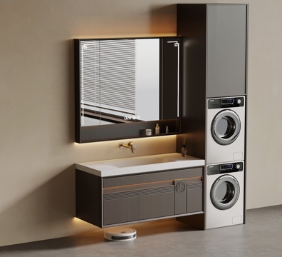 新中式浴室柜 洗衣机柜su模型