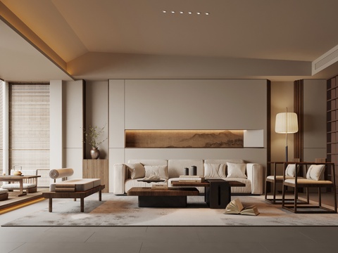 新中式客厅 沙发茶几组合 背景墙su模型