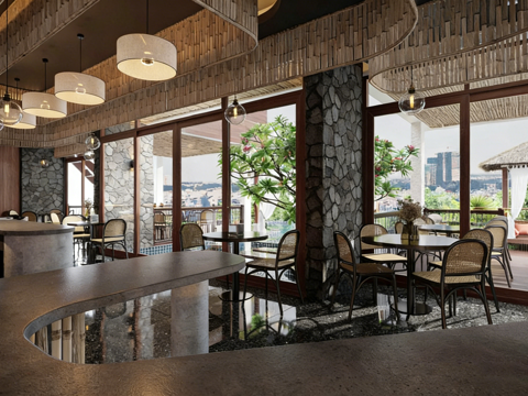  现代工业风咖啡馆 清吧 弧形吧台 餐厅 工业风餐饮空间3d模型 