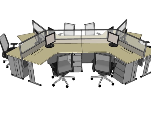 办公桌 工位 屛风卡位 办公椅su模型