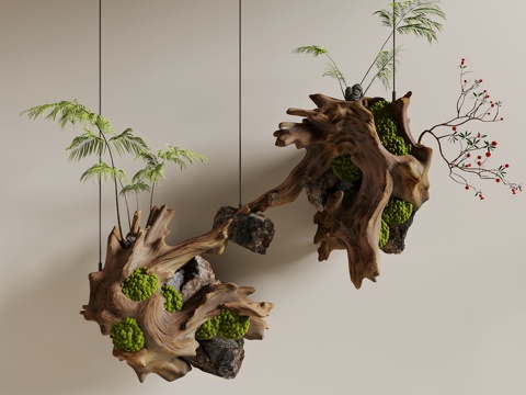 枯木绿植摆件 枯木 艺术装置 枯木绿植 绿植挂件 墙饰su模型