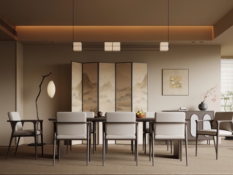 新中式餐厅 餐桌椅 餐边柜su模型