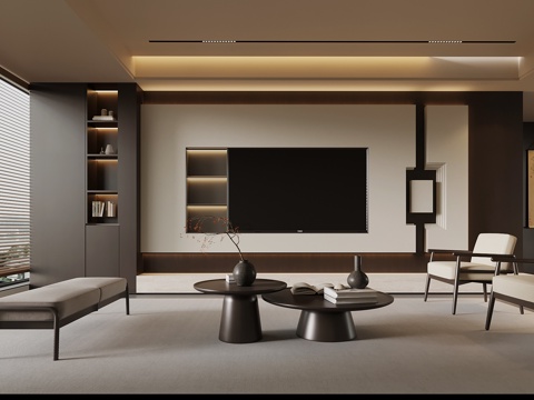 新中式客厅 电视背景墙 沙发茶几组合su模型