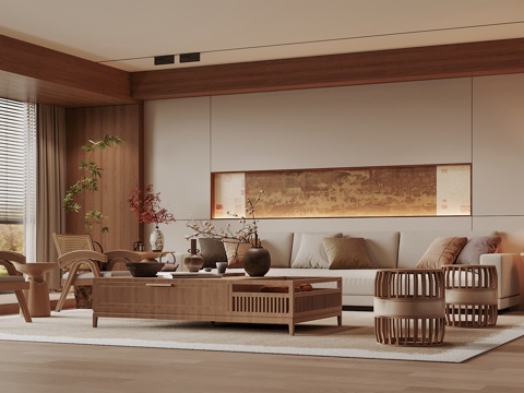 宋式美学客厅 沙发背景 装饰屏风 沙发茶几组合su模型