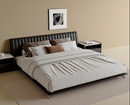  现代简约双人床 皮质双人床 床头柜 主卧床3d模型 