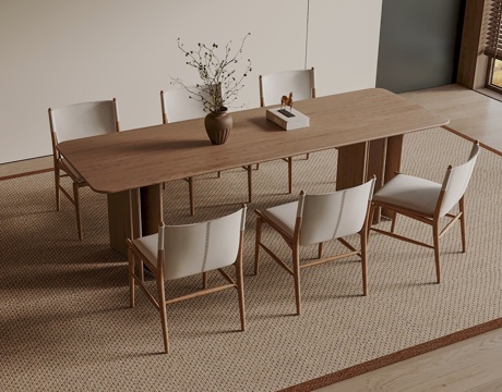 宋式餐桌椅组合 木制餐桌 木制餐椅 长形餐桌su模型