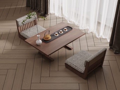 现代中古风茶桌椅 小茶台su模型