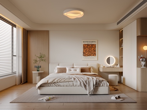 现代奶油风卧室 布艺双人床 床头柜 吸顶灯 梳妆台 挂画 地su模型