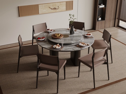 新中式餐桌椅 圆桌su模型