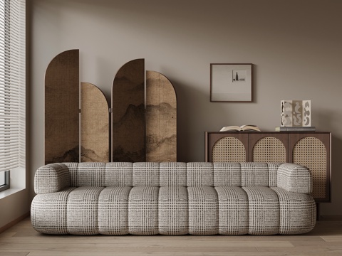 现代中古风多人沙发 布艺休闲沙发su模型