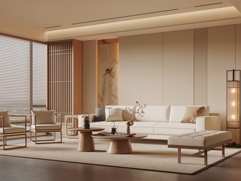 宋式美学客厅 沙发背景 装饰屏风 沙发茶几组合su模型