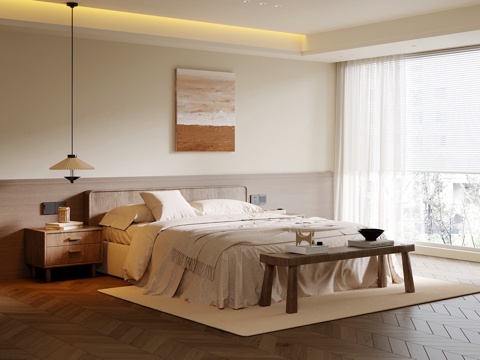 中古风卧室 双人床 床头柜su模型