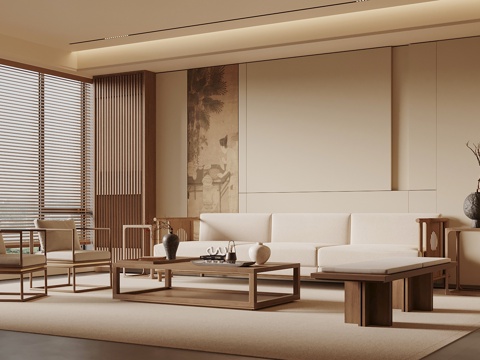 宋式美学客厅 沙发背景 装饰屏风 沙发茶几组合su模型