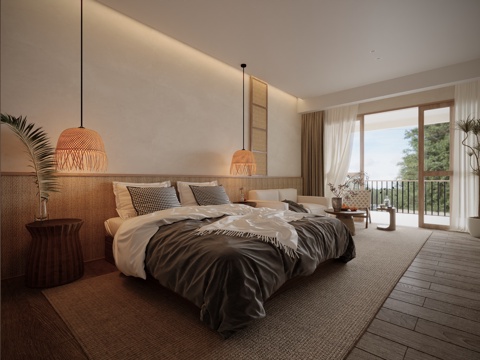  侘寂酒店双人客房su模型 