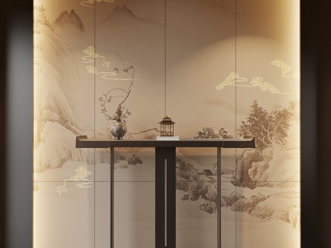 新中式玄关 端景柜 玄关柜su模型