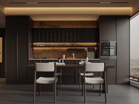  新中式餐厅 餐桌椅 餐边柜 橱柜3d模型 