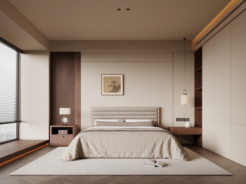  新中式卧室 双人床 床头柜su模型 