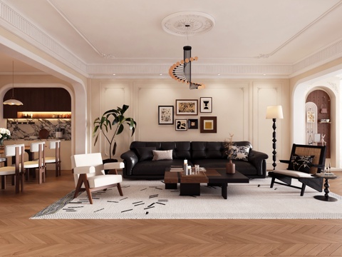  法式中古风客餐厅 法式客餐厅 沙发茶几 中古风餐桌椅 中古风3d模型 