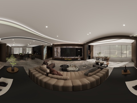  意式客餐厅 大理石餐桌椅 餐边柜酒柜 皮革沙发茶几组合全景 