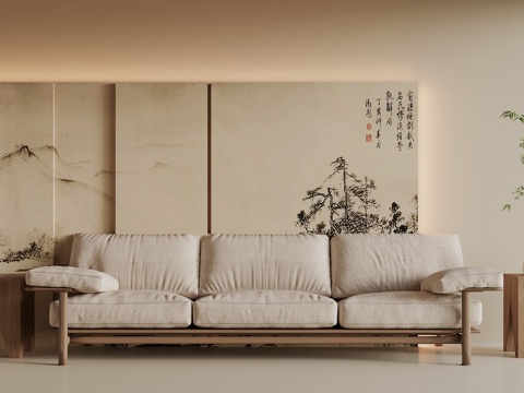 宋式三人沙发 多人沙发 边几 屏风背景su模型