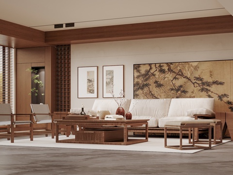 宋式美学客厅 沙发背景 装饰屏风 沙发茶几组合su模型