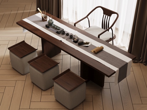 新中式茶桌椅su模型