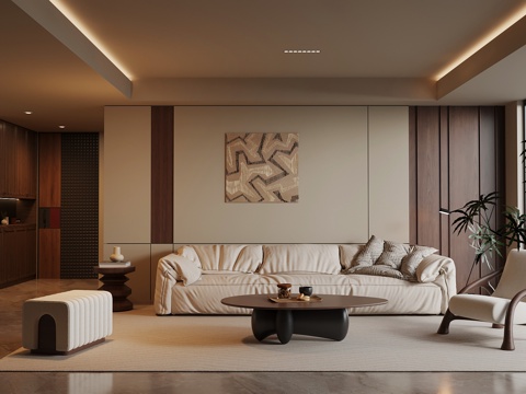 中古风客厅 沙发茶几组合 背景墙su模型