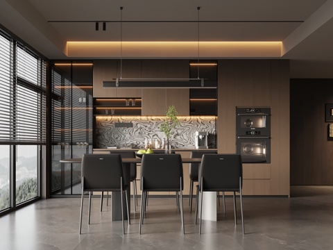  现代意式餐厅 酒柜 餐边柜 餐桌椅3d模型 