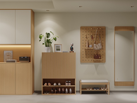 原木风玄关 原木成品鞋柜 原木换鞋凳 全身镜 洞洞板 鞋子su模型