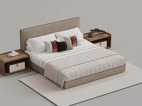  新中式双人床 床头柜3d模型 